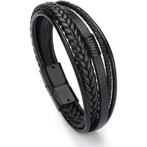 Mens Black Brown Leather Bracelet Multi Strand Braided Casual Wristband Gift